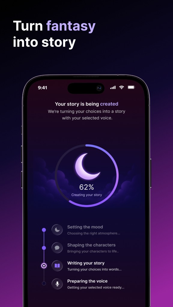 Story creation progress with mood, characters, writing, and voice