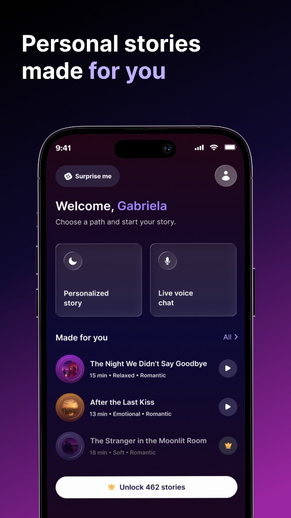 Home screen with personalized story and live voice chat
